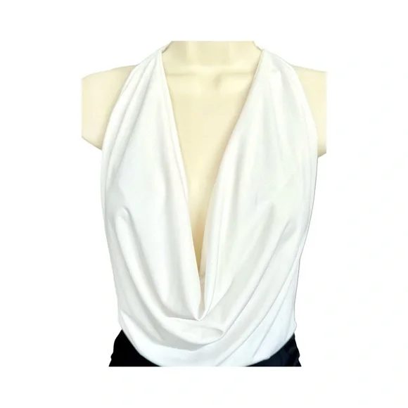 Roma Two Tone Low Cowl Neck Ruched Halter Mini Dress, Black and White, Size S/M - Picture 7 of 12